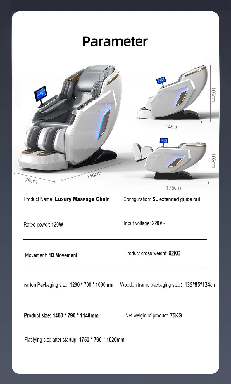 Ergonomischer Zero-Gravity-Massagesessel, Shiatsu-Technologie, Ganzkörper-Airbags, Fußrollen, Wadenkneten, Bluetooth, Wohnkomfort