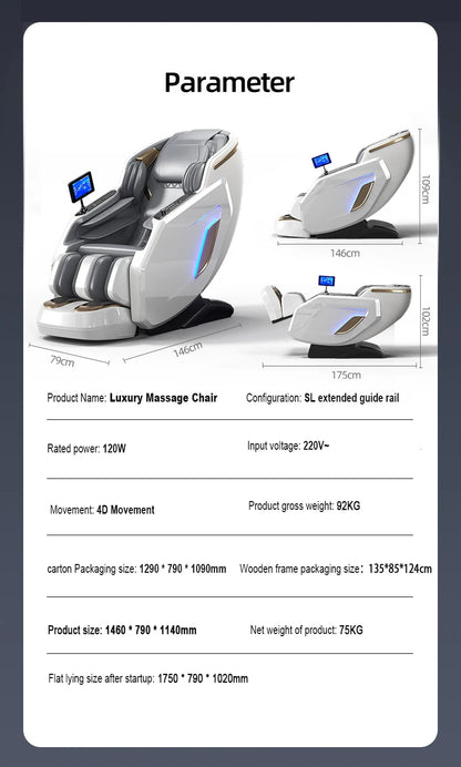 Ergonomischer Zero-Gravity-Massagesessel, Shiatsu-Technologie, Ganzkörper-Airbags, Fußrollen, Wadenkneten, Bluetooth, Wohnkomfort
