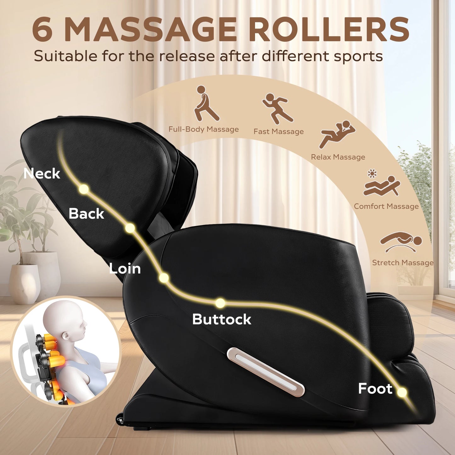 Massagesessel mit Zero-Gravity-Funktion, Massagesessel mit Heizung, Airbags, Fußrollen, Bluetooth-Lautsprecher
