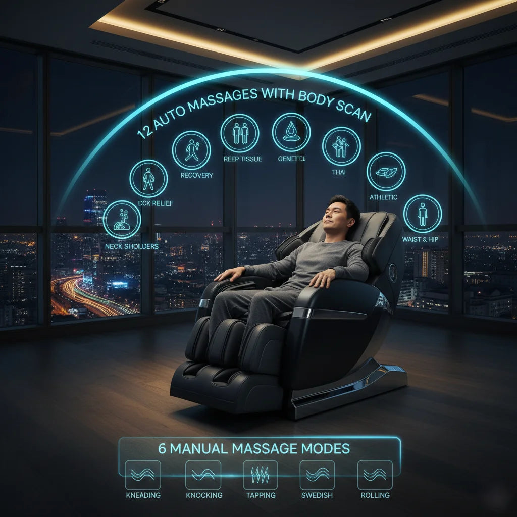 Modern Leather Fully Automatic Electric Zero Gravity Massage Chair With 3D Robotic Hand Massage For Neck Foot & Waist