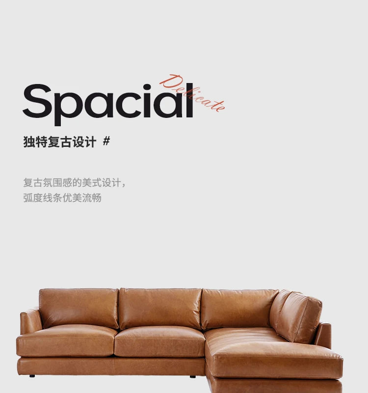 Ledersofa, antikes, milchbraunes, erstklassiges Rindsleder, L-förmiges Chaiselongue für das Wohnzimmer, amerikanisches Retro-Ledersofa