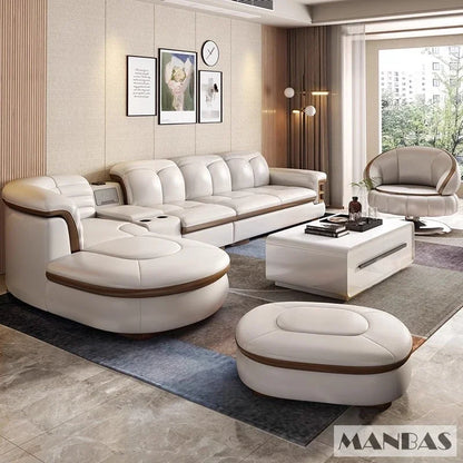 Luxuriöse L-förmige Sektionalsofa-Sets aus echtem Leder mit USB, Bluetooth-Lautsprecher – Linlamlim Wohnzimmer italienische Ledersofas