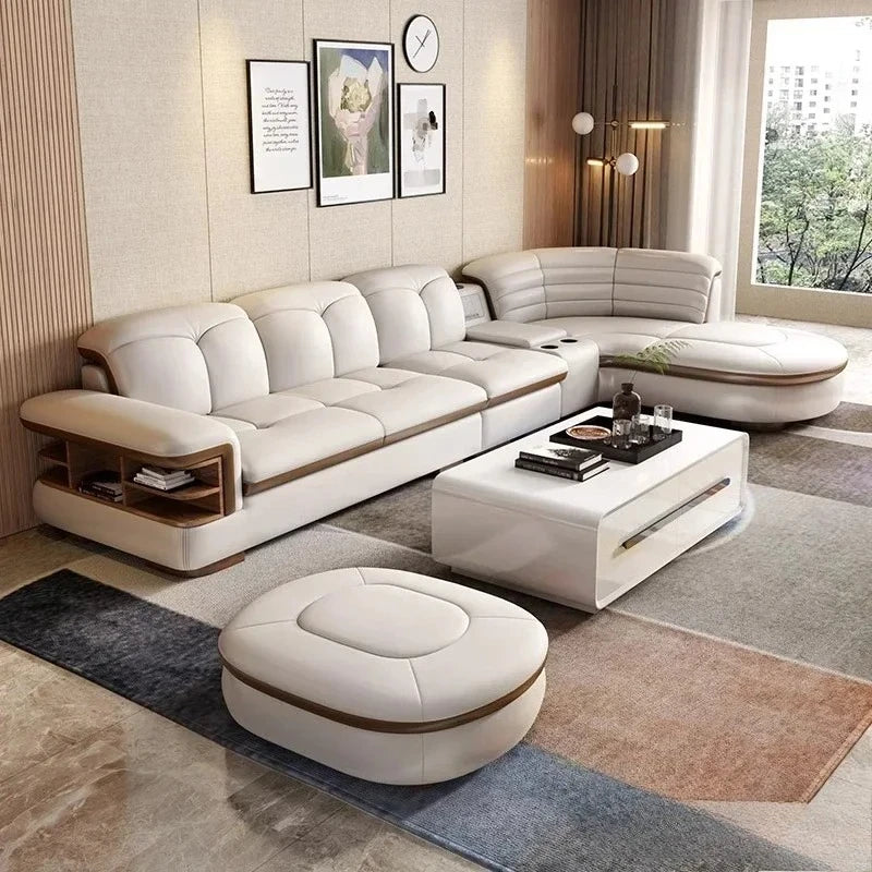 Luxuriöse L-förmige Sektionssofas aus echtem Leder mit USB- und Bluetooth-Lautsprecher – MINGDIBAO Wohnzimmer Italienische Ledersofas