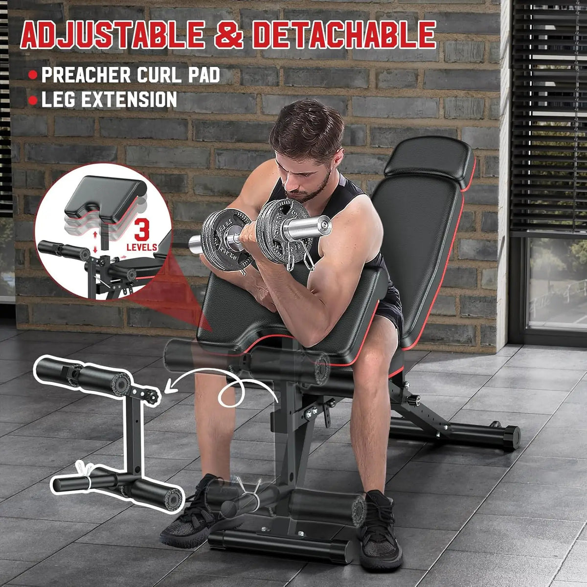 Workout Bench Adjustable Weight Bench with Leg Extension and Leg Curl Extended Headrest 900LBS Incline Decline Flat Workout Benc