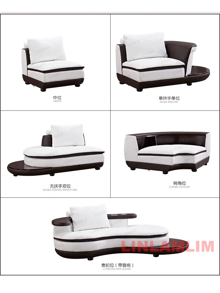 Modernes Luxus-Sofa-Set aus echtem Leder mit Lautsprecher und USB, U-förmiges Wohnzimmersofa mit Ablageregalen