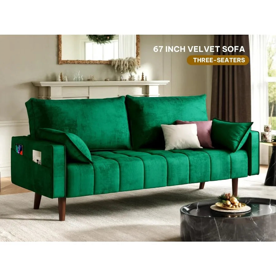 67 Loveseat Sofa aus Samtstoff, entworfen für kleine Räume, modernes, geknöpftes Sofa mit integrierten Seitenaufbewahrungstaschen, perfekt