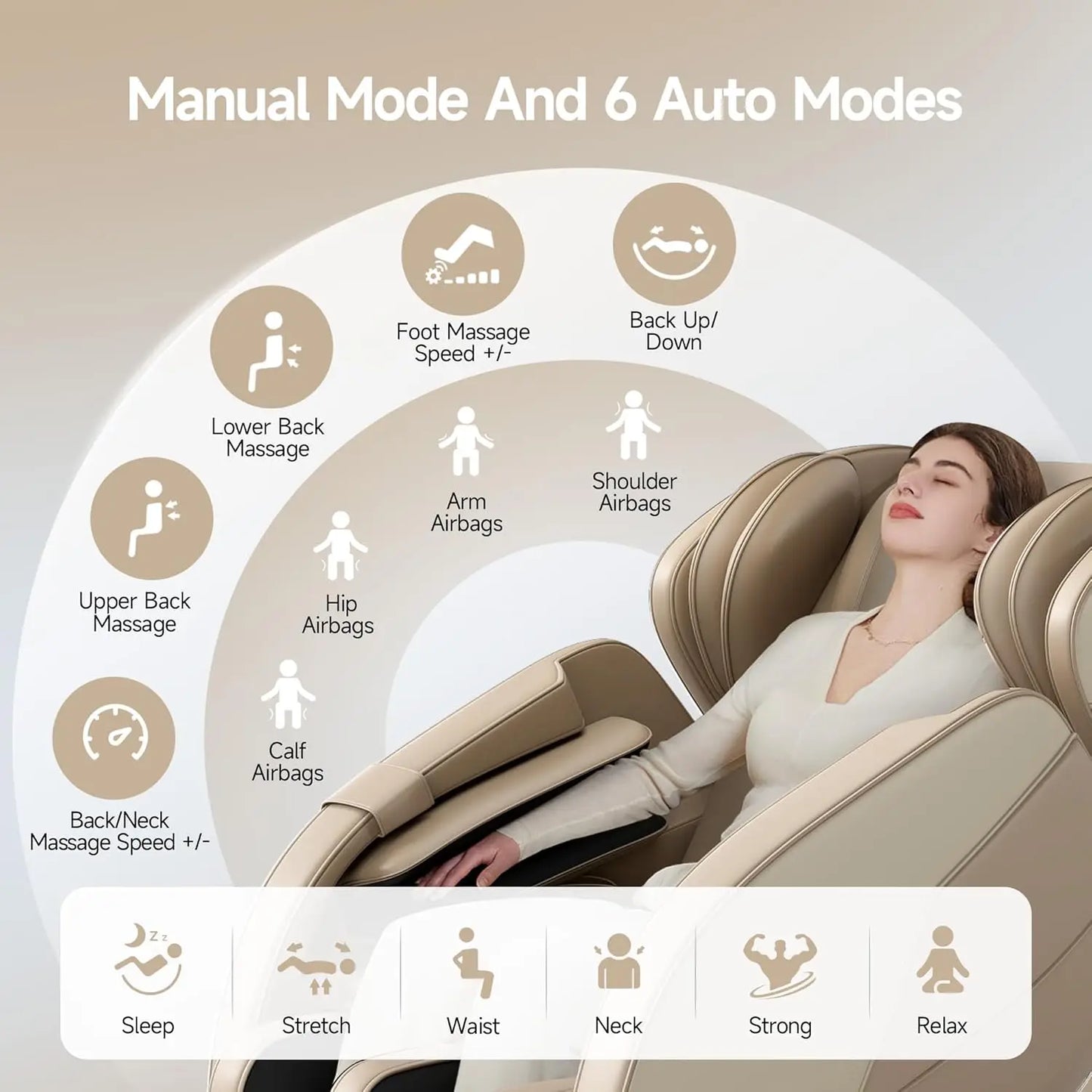 Liegesessel, Ganzkörper-Airbag-Massage, One-Touch-Schwerelosigkeit, Fußroller und Bluetooth, für Zuhause