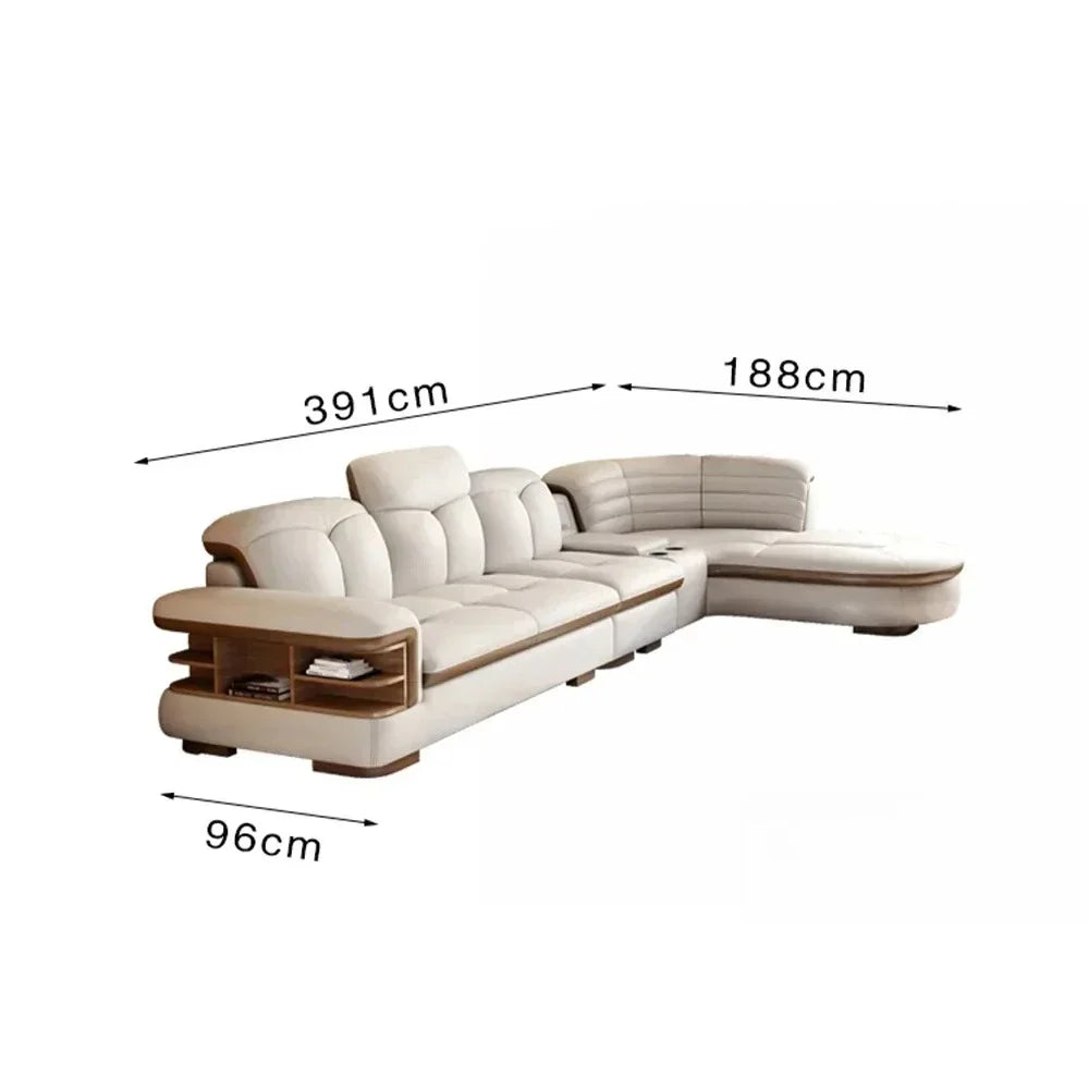 Luxuriöse L-förmige Sektionssofas aus echtem Leder mit USB- und Bluetooth-Lautsprecher – MINGDIBAO Wohnzimmer Italienische Ledersofas
