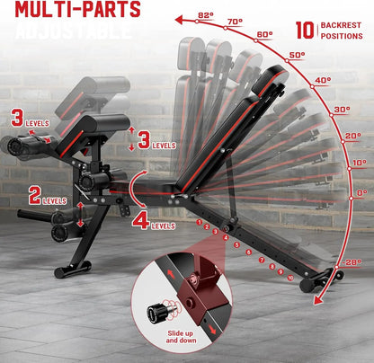 Workout Bench Adjustable Weight Bench with Leg Extension and Leg Curl Extended Headrest 900LBS Incline Decline Flat Workout Benc
