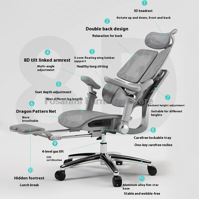 Multifunktionaler ergonomischer Mesh-Bürostuhl, verstellbarer Gaming-Computerstuhl mit Fußstütze, Premium-Heim-PC-Drehsessel