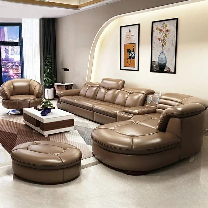 Luxuriöse L-förmige Sektionssofas aus echtem Leder mit USB- und Bluetooth-Lautsprecher – MINGDIBAO Wohnzimmer Italienische Ledersofas