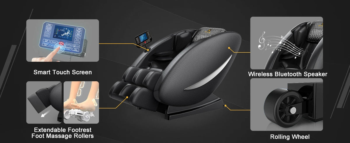 Massagesessel mit Zero-Gravity-Funktion, Ganzkörper-Massagesessel mit Heizung, Bluetooth-Lautsprecher, Airbags, Fußroller