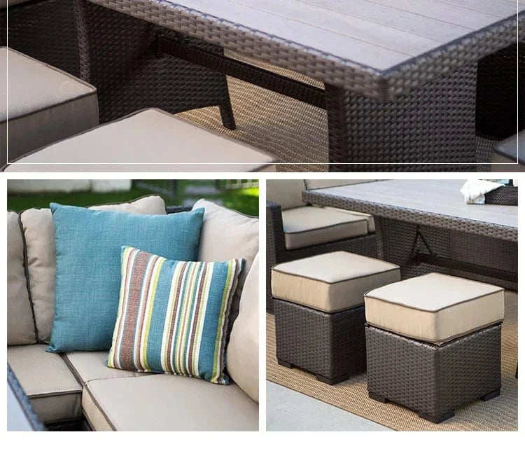 Nordisches Rattan-Sofa-Set – Outdoor-Ecksofas mit Couchtisch für Hof, Balkon, Terrasse und Garten