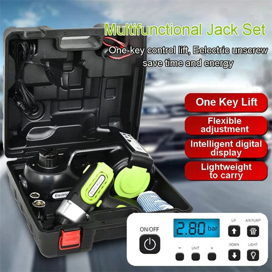 Cric Hydraulique Électrique 12V 5T 4-en-1 avec Clé à Chocs, Compresseur et LED