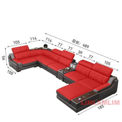 Modernes U-förmiges Ecksofa-Set mit Chaiselongue, echtes Leder Sofa mit Ablagetisch, USB – Große Wohnzimmermöbel