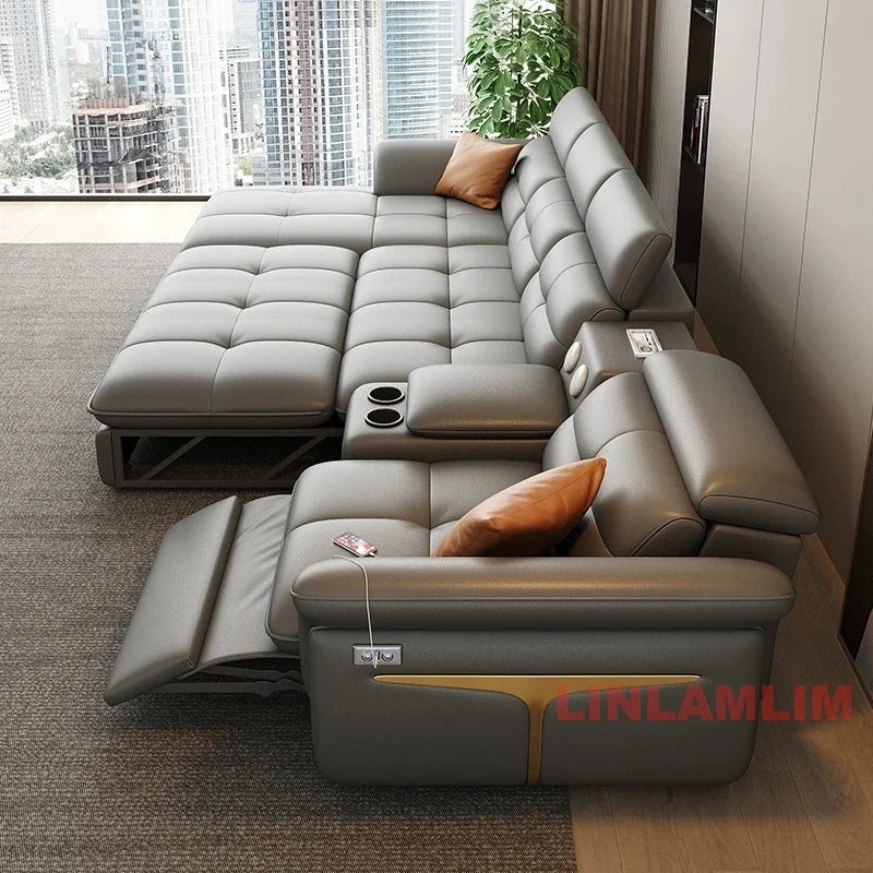 Modernes elektrisches Schlafsofa mit verstellbarer Rückenlehne, L-förmiges, multifunktionales italienisches Echtleder-Sofa