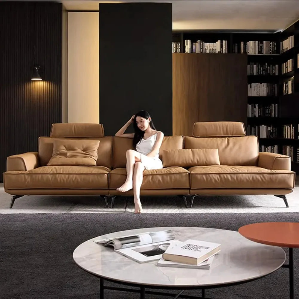 Minimalistische Multi-Seat Leder Ecksofa Kombination Modern Einfaches Wohnzimmer Sofas Erste Schicht Rindsleder L-Form Sofa-Set