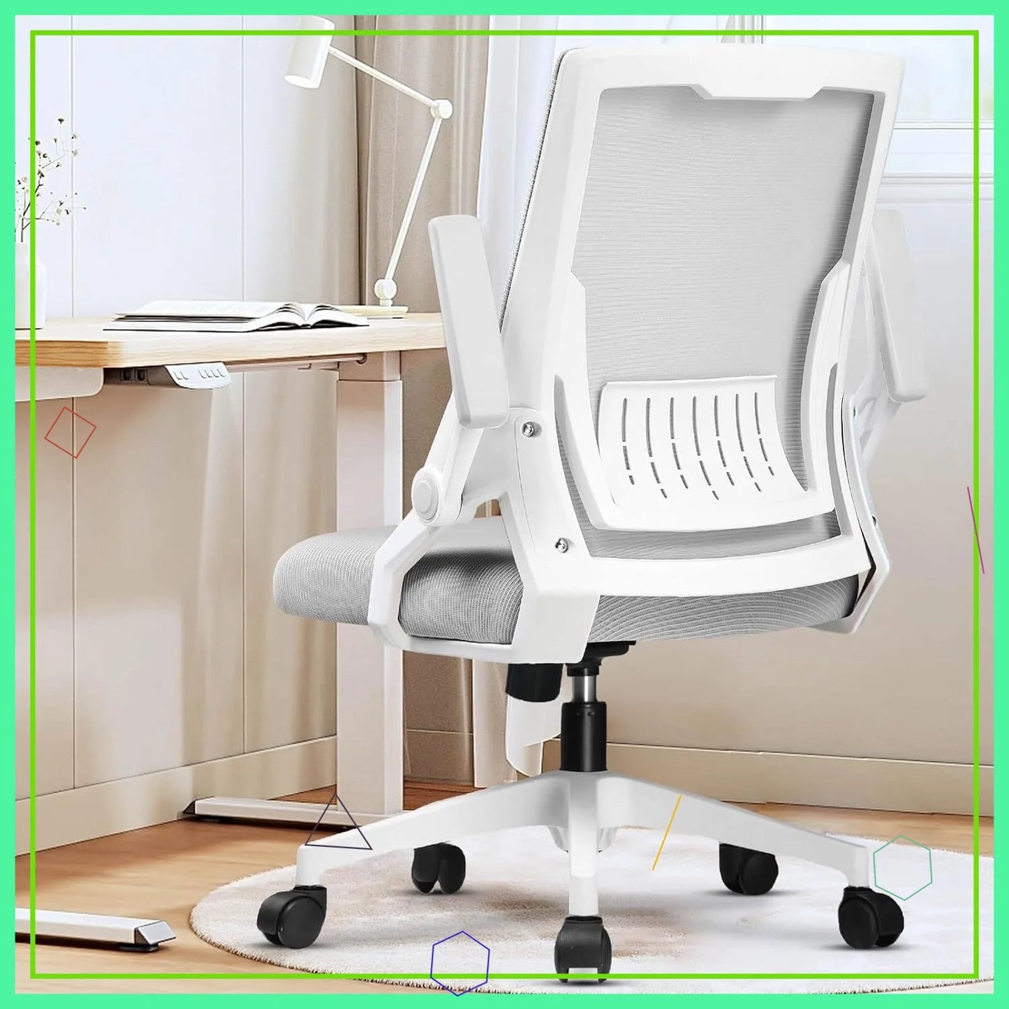 Ergonomic Office Chair with Flip-up Armrests, Breathable Mesh Back, Lumbar Support, Wide Seat for Home and Gaming