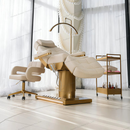 Luxuriöses elektrisches Schönheitsbett mit goldenem Sockel, Leder-Massagebett, Salon-Gesichts-Wimpernliege mit Beleuchtung