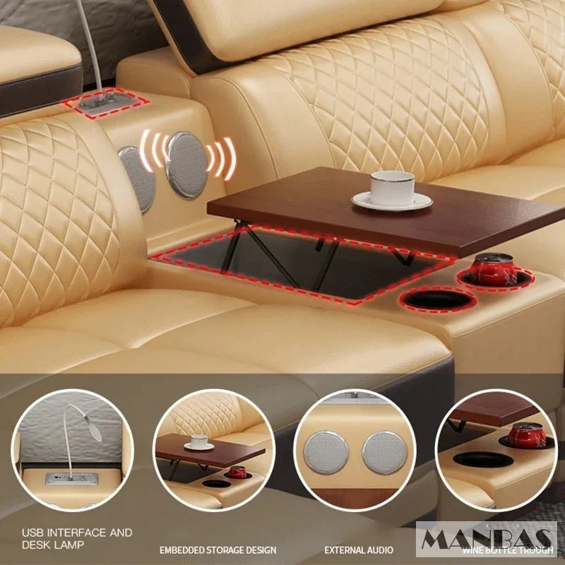 Modernes Luxus-Ecksofa aus echtem Leder mit Recamiere, verstellbarer Kopfstütze, integriertem Stauraum, USB-Ladefunktion, Getränkehalter