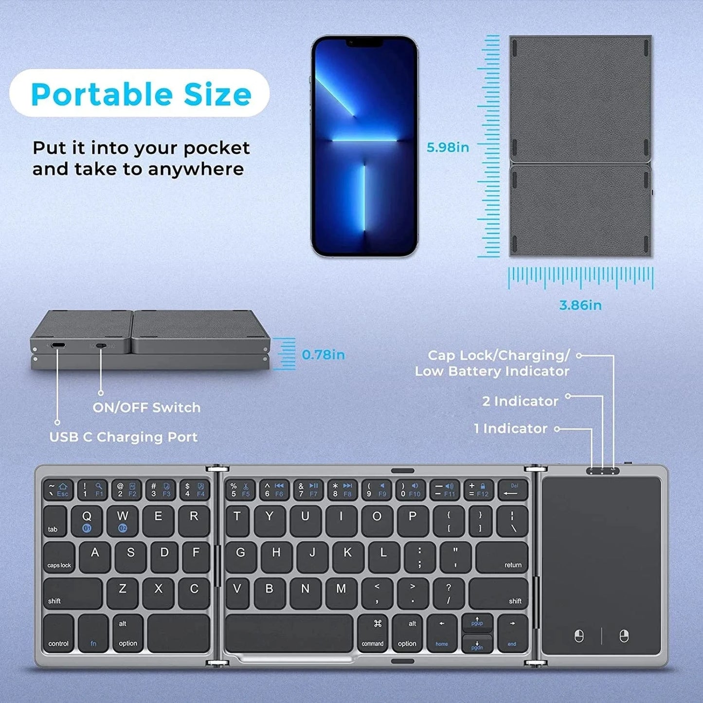 Dual Bluetooth 5.1 Foldable Keyboard with Touchpad – 3-Fold Mini Wireless Keyboard for Windows, Android, iOS, iPad | Rechargeable &amp; Portable