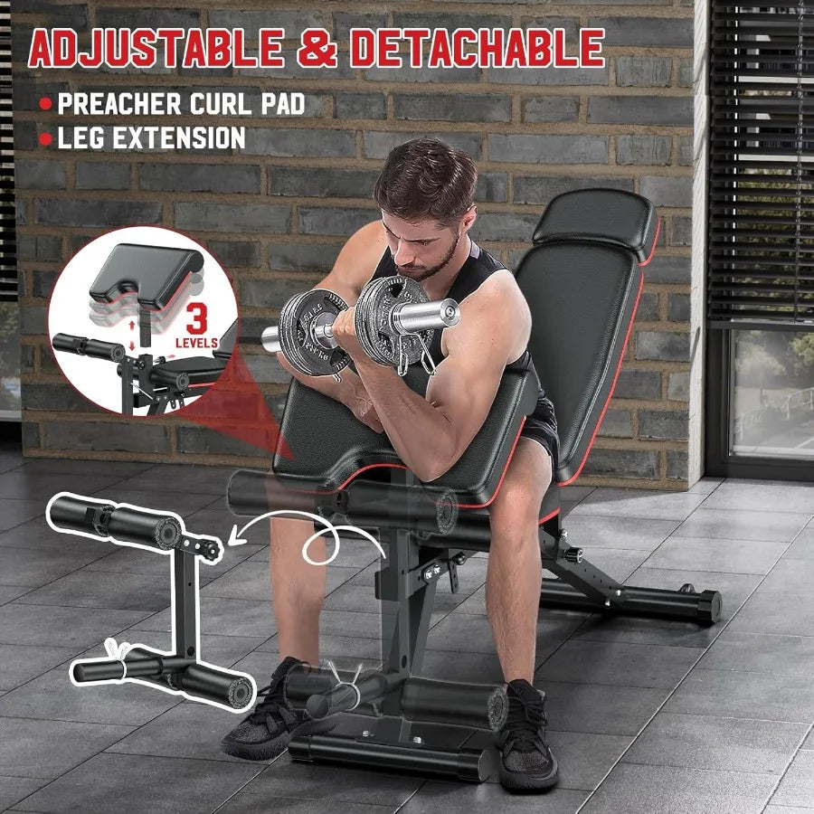 Workout Bench Adjustable Weight Bench with Leg Extension and Leg Curl Extended Headrest 900LBS Preacher Curl Bench Incline Decl