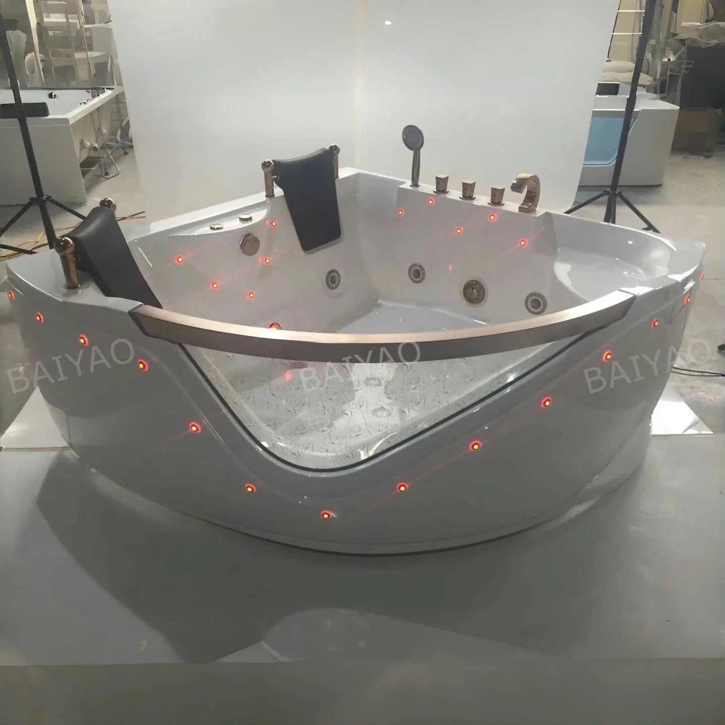 Premium Triangular Acrylic 2-Person Massage Bathtub With Enhanced Hydrotherapy Jets And Chromotherapy Lighting