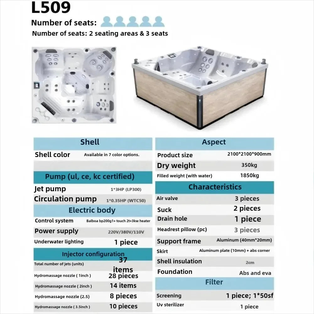 Luxuriöser beheizter Outdoor-Whirlpool 2,1 x 2,1 x 0,9 m für 5 Personen gleichzeitig, geeignet für Terrassen und Hotels FOB
