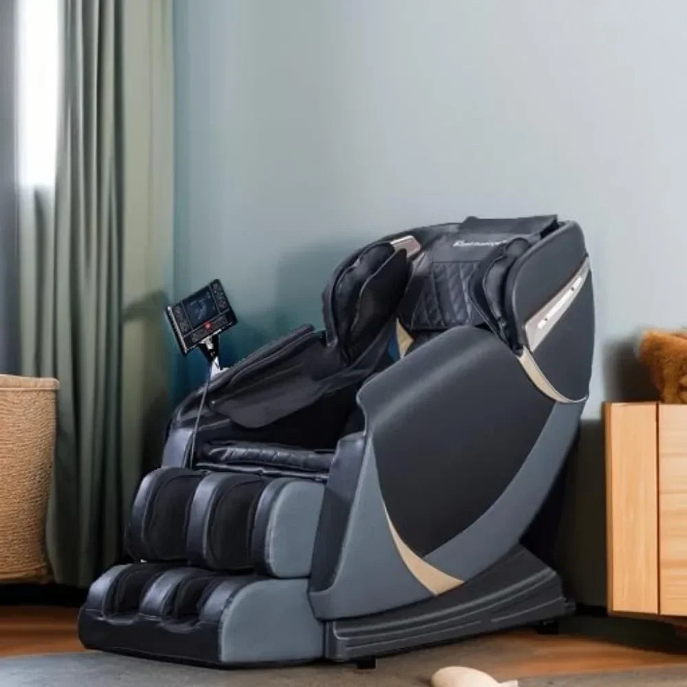Nordisch-minimalistischer schwarzer Shiatsu-Ganzkörpermassagesessel mit Luftsystem und Schwerkraft, Bluetooth-Lautsprecher und Wermuttherapie