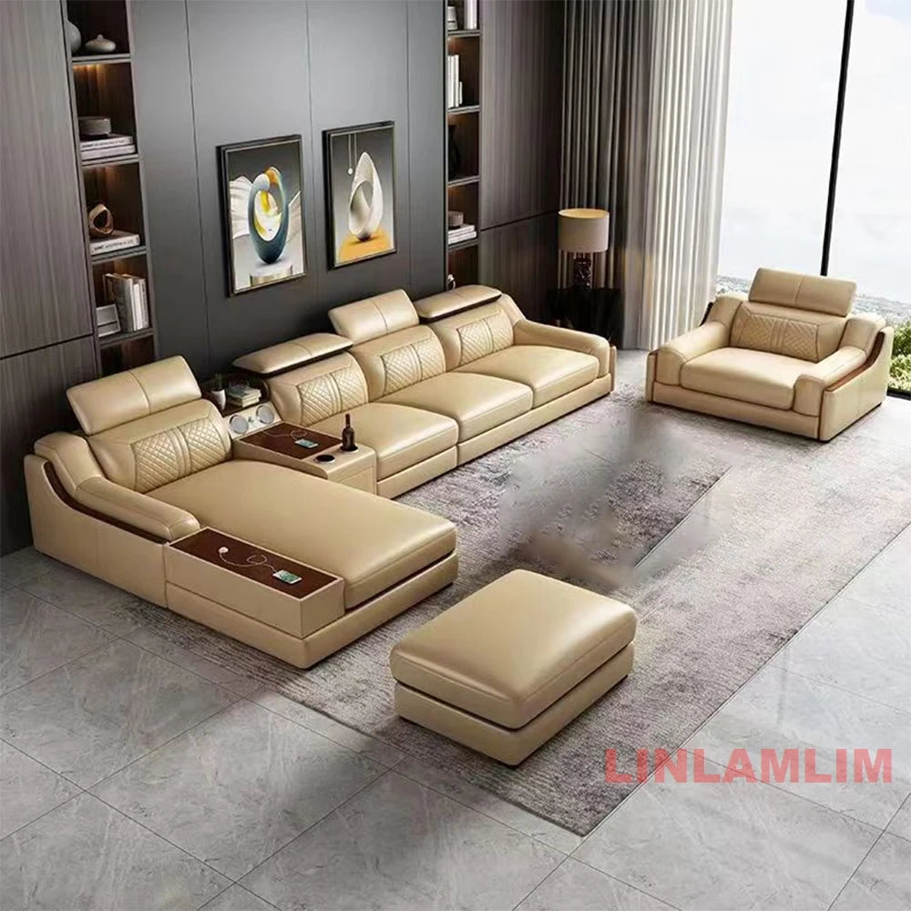 Modernes U-förmiges Ecksofa-Set mit Chaiselongue, echtes Leder Sofa mit Ablagetisch, USB – Große Wohnzimmermöbel