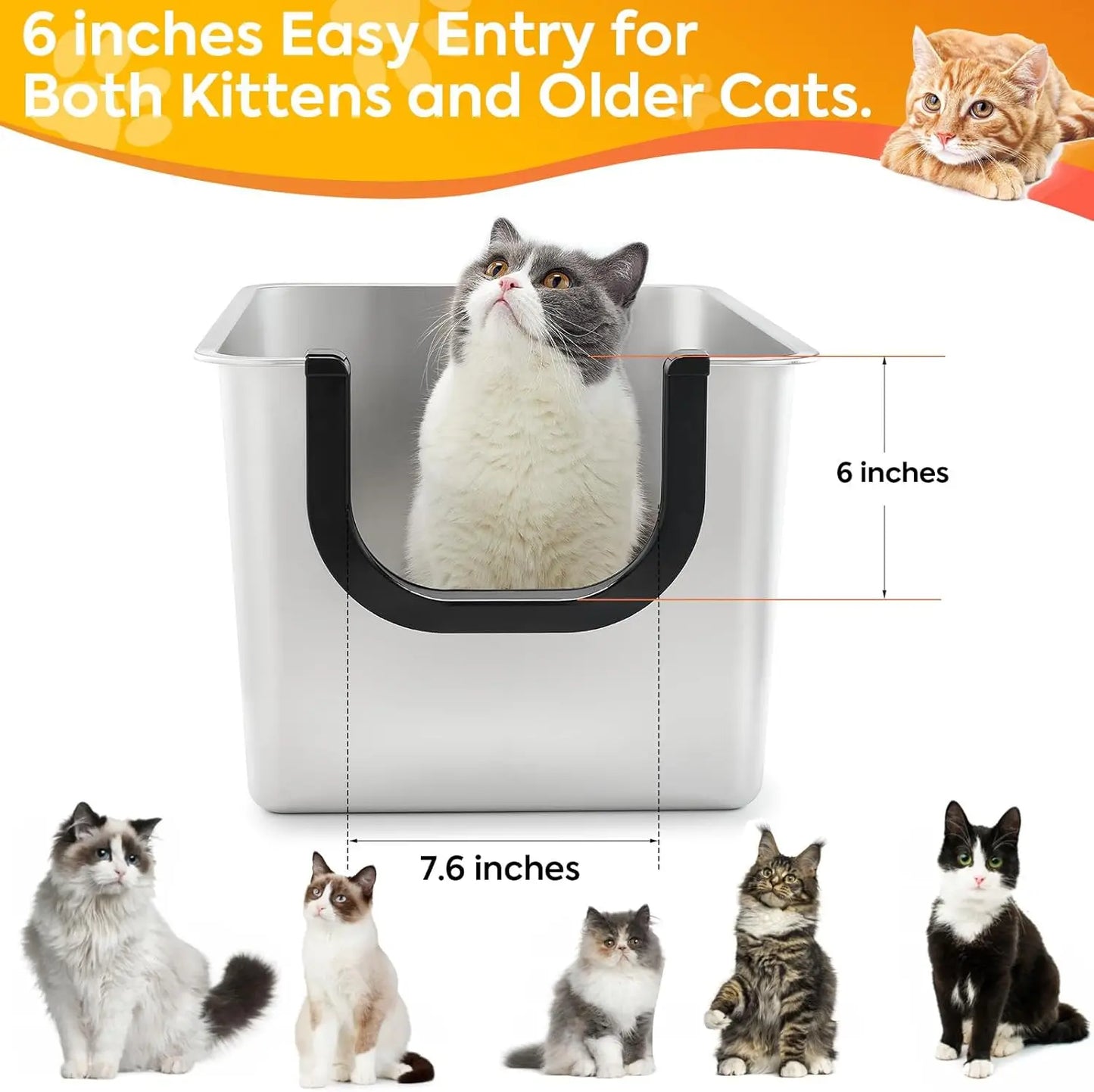 Bac à litière pour chat en acier inoxydable extra large, côtés de 12 pouces de hauteur, étanche et anti-adhésif pour un nettoyage facile