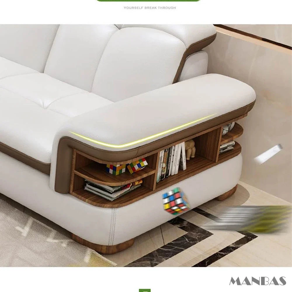 Luxuriöse L-förmige Sektionalsofa-Sets aus echtem Leder mit USB, Bluetooth-Lautsprecher – Linlamlim Wohnzimmer italienische Ledersofas