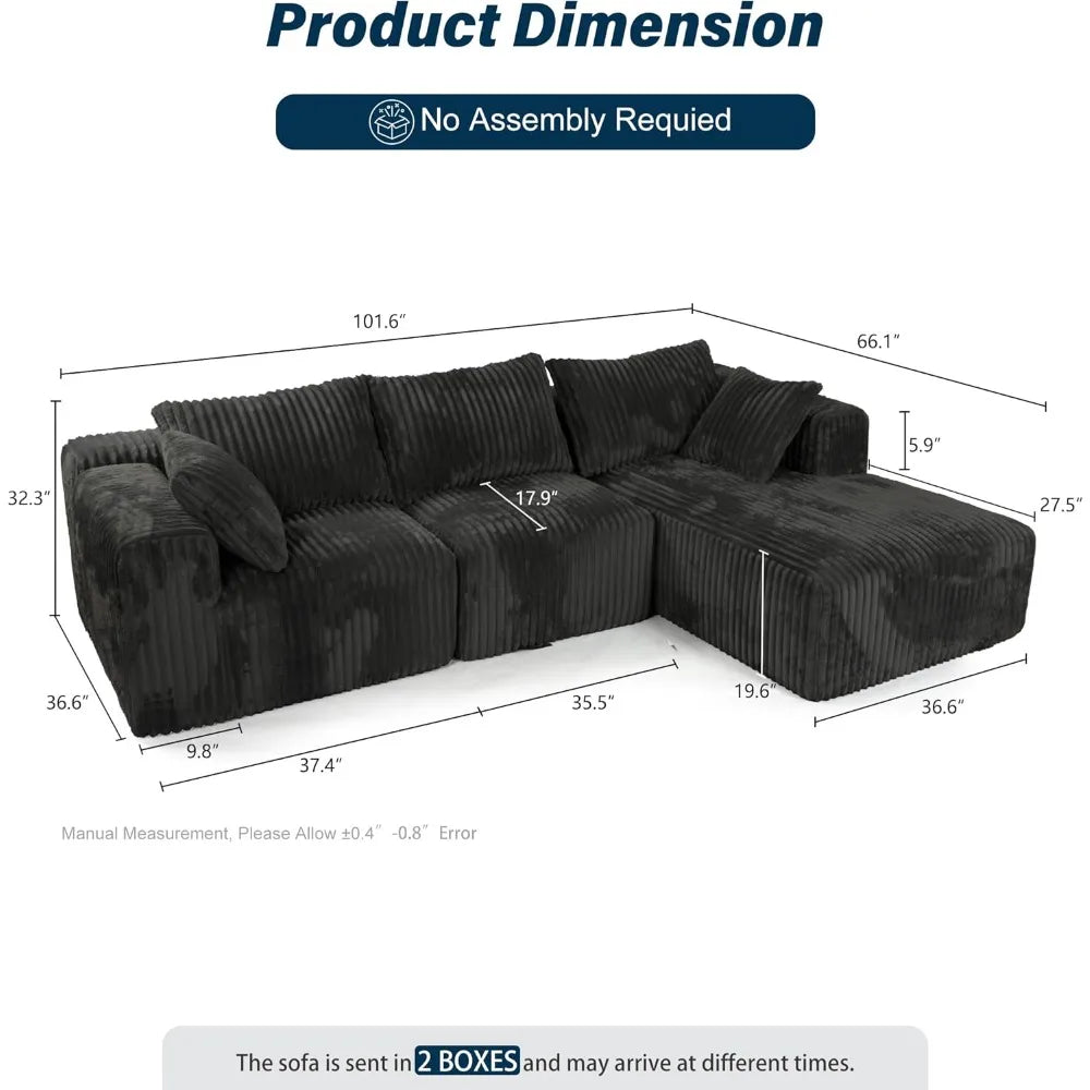 3-Sitzer Ecksofa mit tiefer Sitzfläche, 256 cm Cloud Sektionalsofa mit Chaiselongue, gemütliches modulares Schlafsofa,