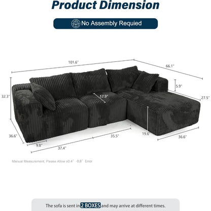 3-Sitzer Ecksofa mit tiefer Sitzfläche, 256 cm Cloud Sektionalsofa mit Chaiselongue, gemütliches modulares Schlafsofa,