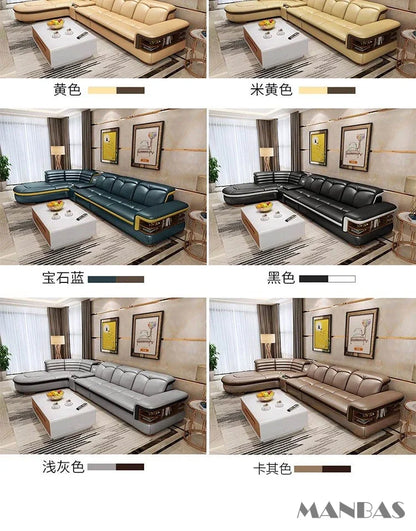 Luxuriöse L-förmige Sektionalsofa-Sets aus echtem Leder mit USB, Bluetooth-Lautsprecher – Linlamlim Wohnzimmer italienische Ledersofas