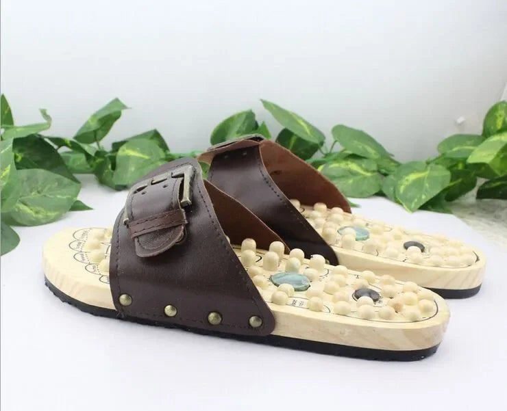Health care Wooden base acupunture foot massage slippers natural stone acupoint massage slippers