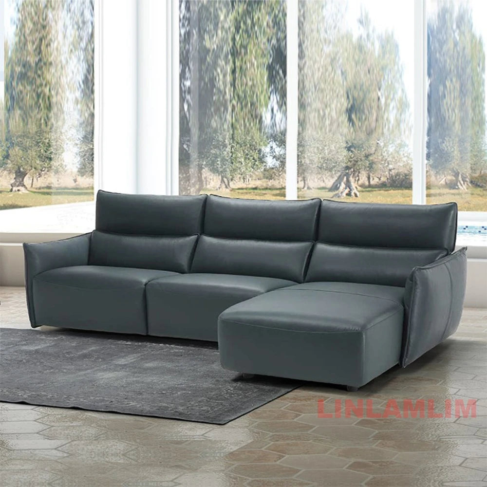 QY Ecksofa mit zwei Motoren, elektrischer Relaxfunktion, echtem Leder und verstellbaren Kopfstützen, L-förmige Eckcouch mit Chaiselongue