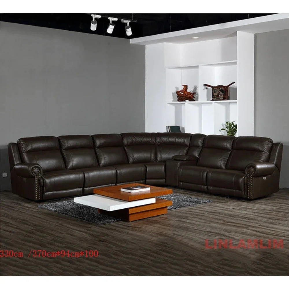 MINGDIBAO Luxuriöses Sofa-Set aus echtem Leder mit elektrischer Relaxfunktion, L-förmige elektrische Relax-Couch mit Nagelverzierung, Heimkinositz
