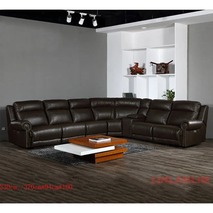 MINGDIBAO Luxuriöses Sofa-Set aus echtem Leder mit elektrischer Relaxfunktion, L-förmige elektrische Relax-Couch mit Nagelverzierung, Heimkinositz