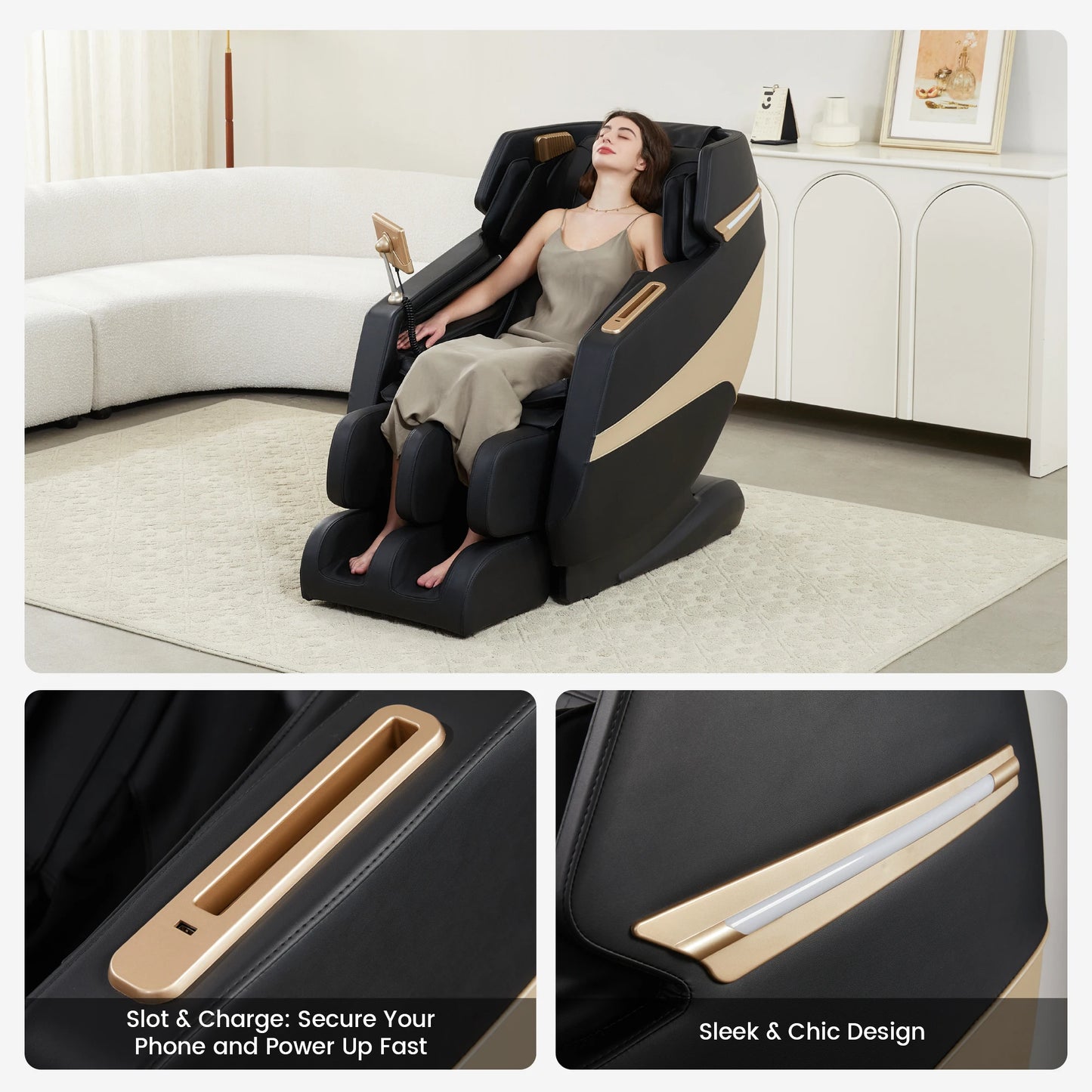 F12 Moderner Kunstleder-Relax-Sessel mit elektrischer Liegefunktion, Heizung, Massagefunktion und Musikwiedergabe, Ganzkörper für Wohnzimmer Sofa, Schwerelosigkeit