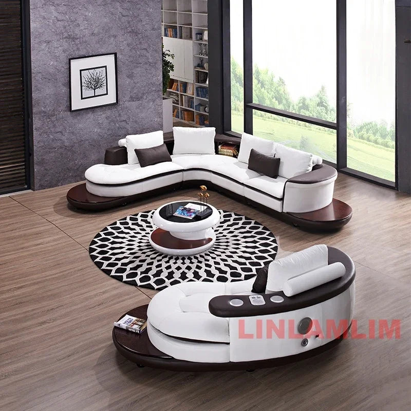 Modernes Luxus-Sofa-Set aus echtem Leder mit Lautsprecher und USB, U-förmiges Wohnzimmersofa mit Ablageregalen