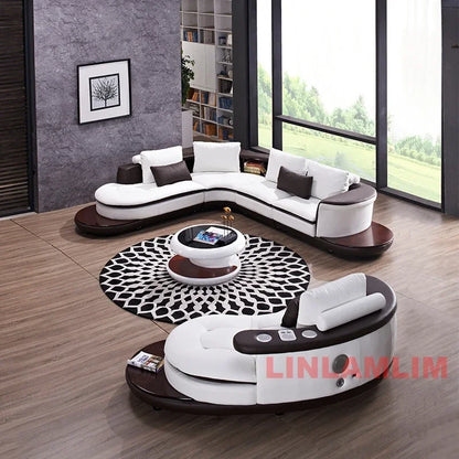 Modernes Luxus-Sofa-Set aus echtem Leder mit Lautsprecher und USB, U-förmiges Wohnzimmersofa mit Ablageregalen