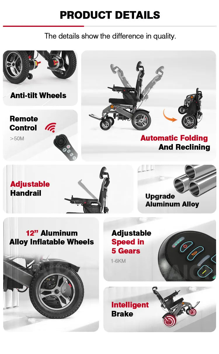 2026 Automatic Remote Control Foldable Wheel Chair Portable Aluminum Alloy Disabled Reclining Electric Wheelchair