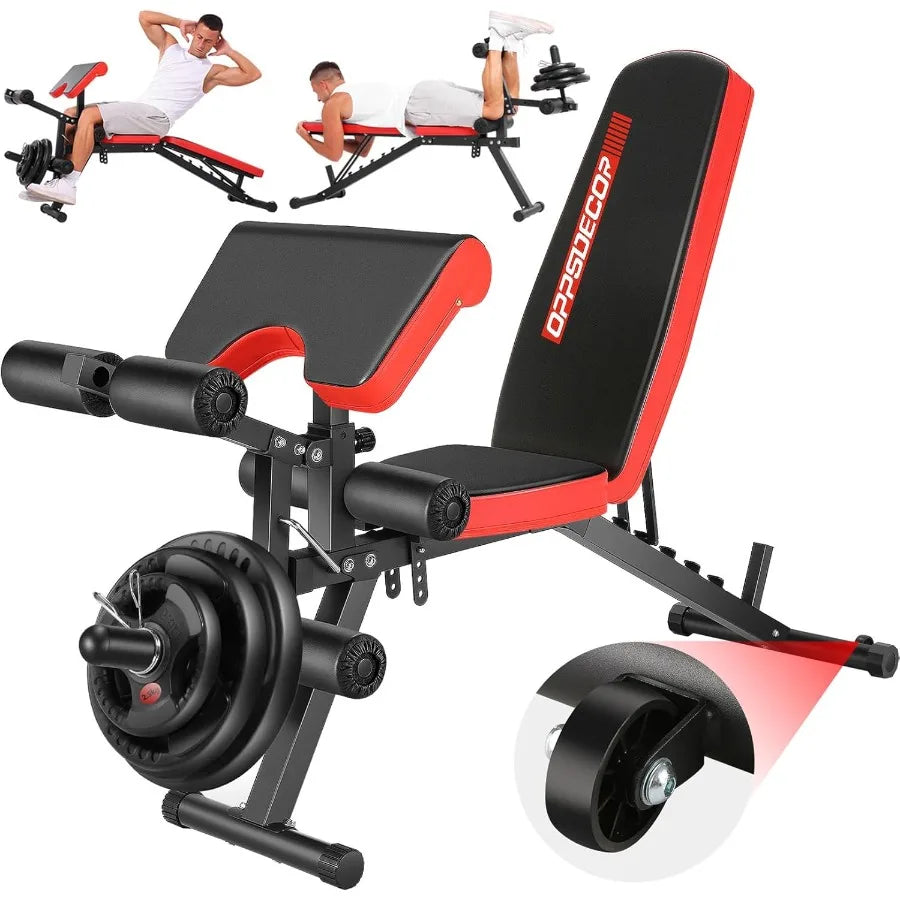 Verstellbare Hantelbank mit Beinstreckung und Beincurler, Workout-Bankdrücken, Scottbank mit Rollen, 800 LBS Flach-/Schrägbank