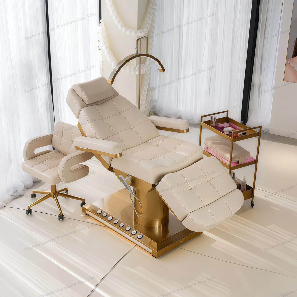 Luxuriöses elektrisches Schönheitsbett mit goldenem Sockel, Leder-Massagebett, Salon-Gesichts-Wimpernliege mit Beleuchtung
