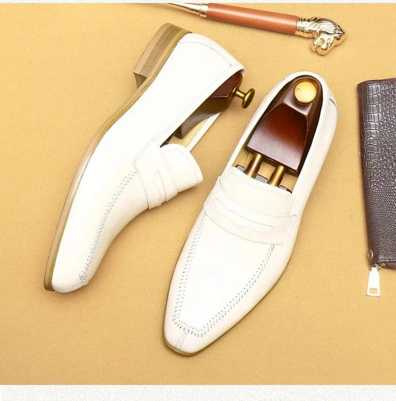 British Trend Men’s Dress Shoes – Luxury White Leather Loafers for Weddings & Business