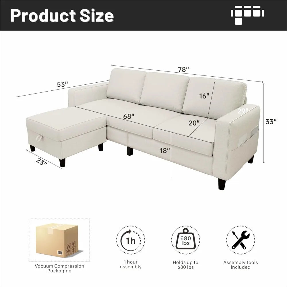 78 L-förmiges beigefarbenes Leinen-Haustierfreundliches modulares 3-Sitzer-Schlafsofa für das Wohnzimmer
