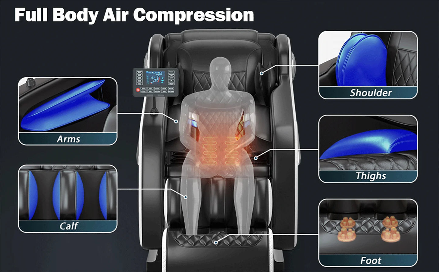 4D-Zero-Gravity-Massagesessel, automatische Heizfunktion, Bluetooth-Musik, Airbag und Shiatsu-Liegefunktion