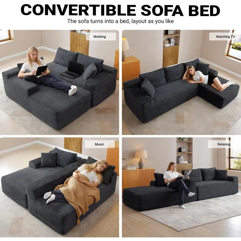 Modernes 108 L-förmiges Ecksofa, tiefes Wolkensofa, Cordstoff, Schwarz, Recamiere rechts, Wohnzimmermöbel, keine Montage