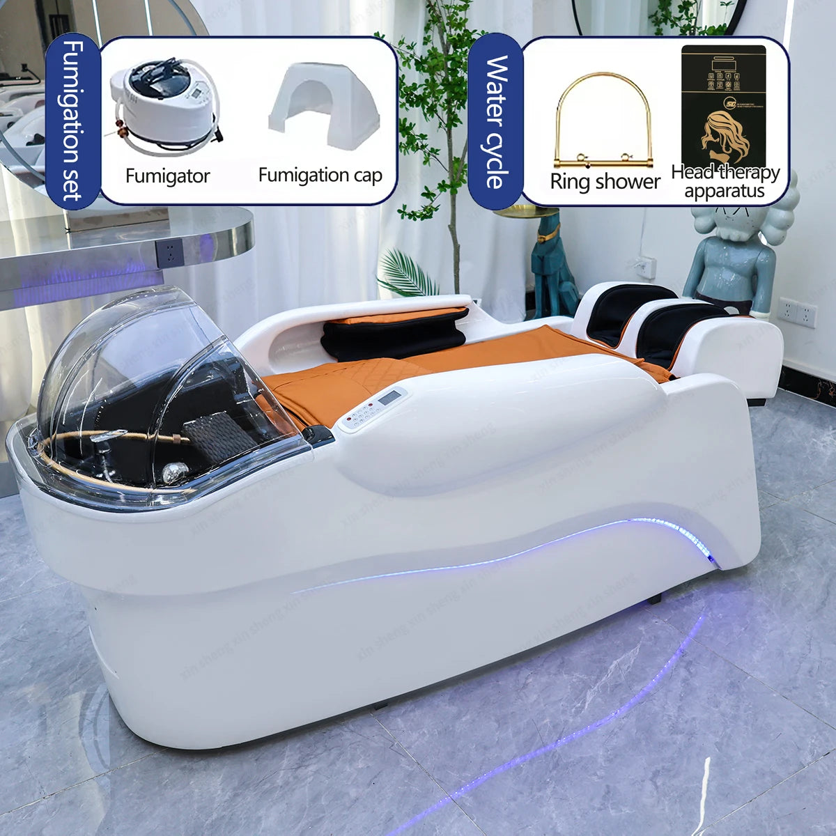 XinSheng Integriertes Haarwasch- und Massagebett mit Kopf-SPA-Begasungsmaschine Friseursalon Kommerzielles elektrisches Möbel